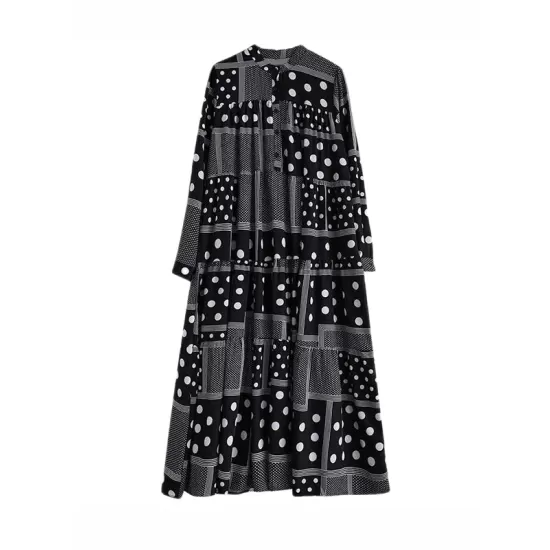 Buttoned Polka-Dot Printed Split-Joint Long Sleeves Loose Midi Dresses