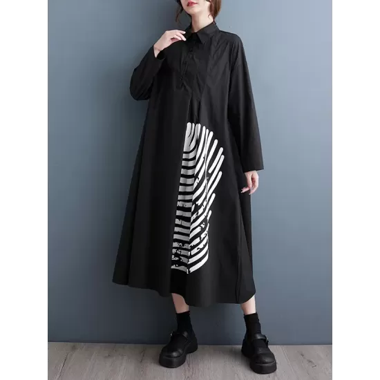 Asymmetric Buttoned Striped A-Line Long Sleeves Lapel Midi Dresses