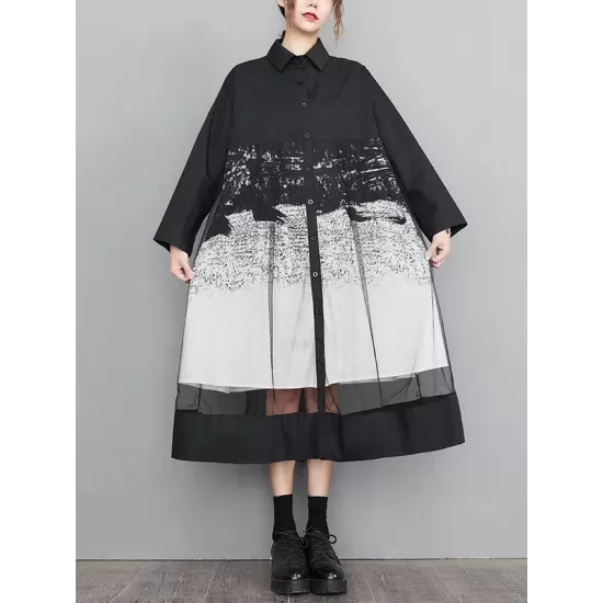 Buttoned Gauze Printed Split-Joint A-Line Long Sleeves Lapel Midi Dresses