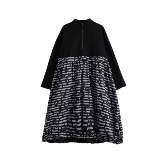 Drawstring Printed Split-Joint Zipper Long Sleeves Loose Midi Dresses