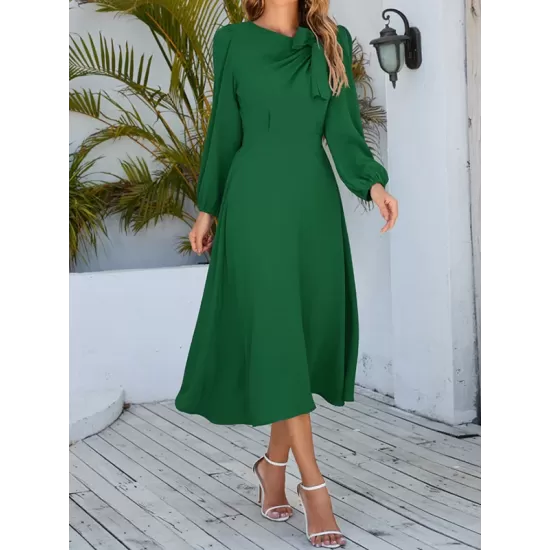 Asymmetric Bowknot Elasticity Solid Color A-Line Long Sleeves Round-Neck Midi Dresses