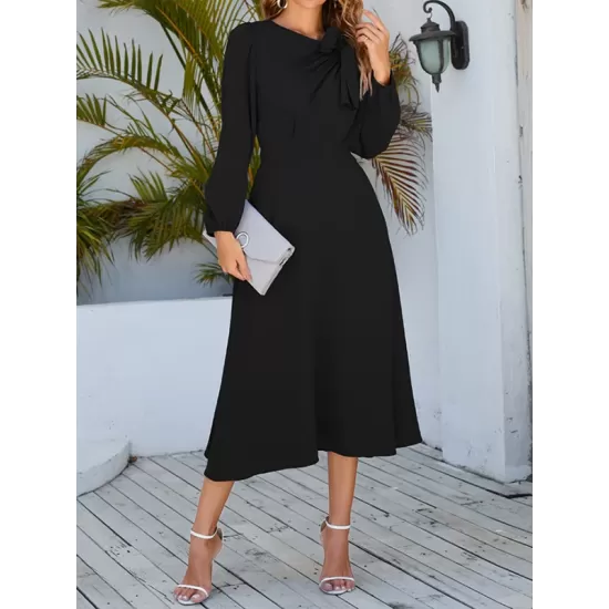 Asymmetric Bowknot Elasticity Solid Color A-Line Long Sleeves Round-Neck Midi Dresses