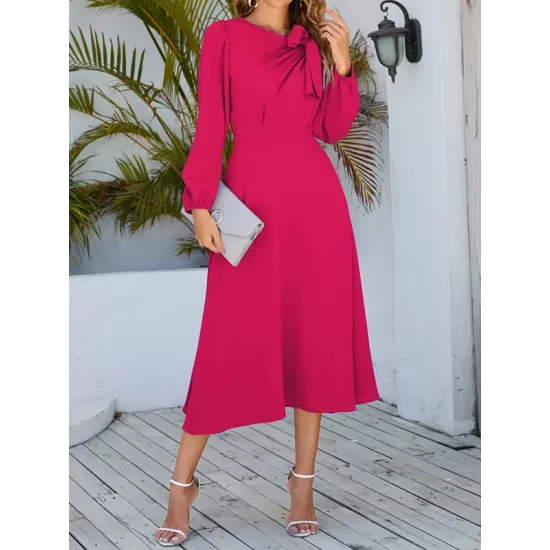 Asymmetric Bowknot Elasticity Solid Color A-Line Long Sleeves Round-Neck Midi Dresses