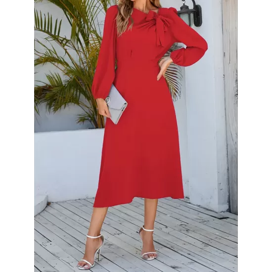 Asymmetric Bowknot Elasticity Solid Color A-Line Long Sleeves Round-Neck Midi Dresses