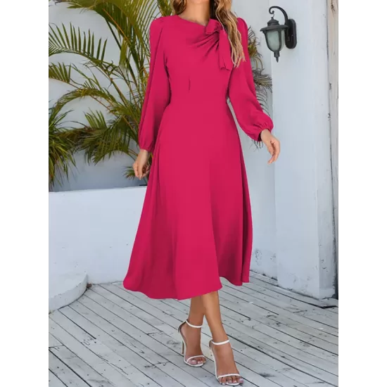 Asymmetric Bowknot Elasticity Solid Color A-Line Long Sleeves Round-Neck Midi Dresses