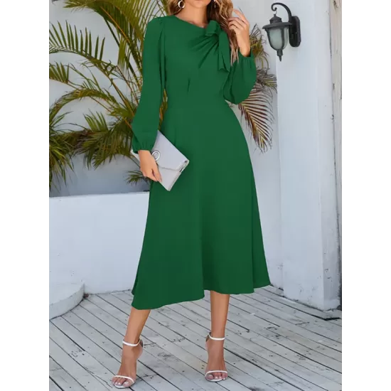 Asymmetric Bowknot Elasticity Solid Color A-Line Long Sleeves Round-Neck Midi Dresses