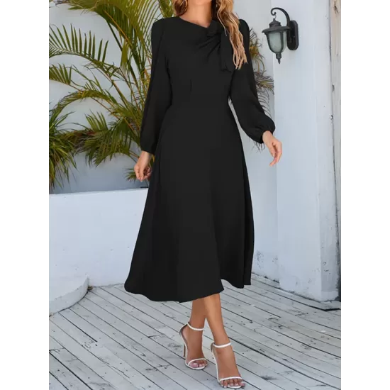 Asymmetric Bowknot Elasticity Solid Color A-Line Long Sleeves Round-Neck Midi Dresses