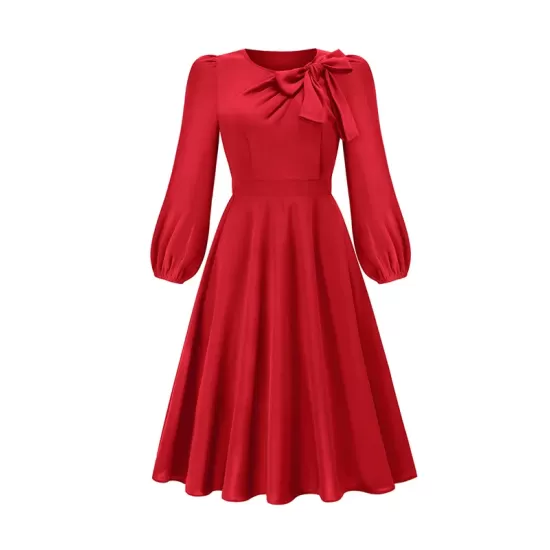 Asymmetric Bowknot Elasticity Solid Color A-Line Long Sleeves Round-Neck Midi Dresses