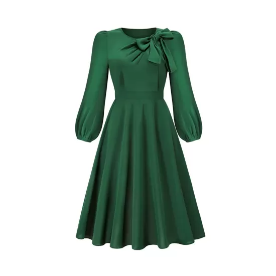 Asymmetric Bowknot Elasticity Solid Color A-Line Long Sleeves Round-Neck Midi Dresses