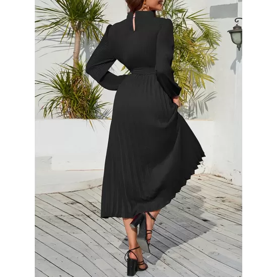 Hollow Pleated Solid Color Tied Waist Bishop Sleeve High Waisted Mock Neck Midi Dresses