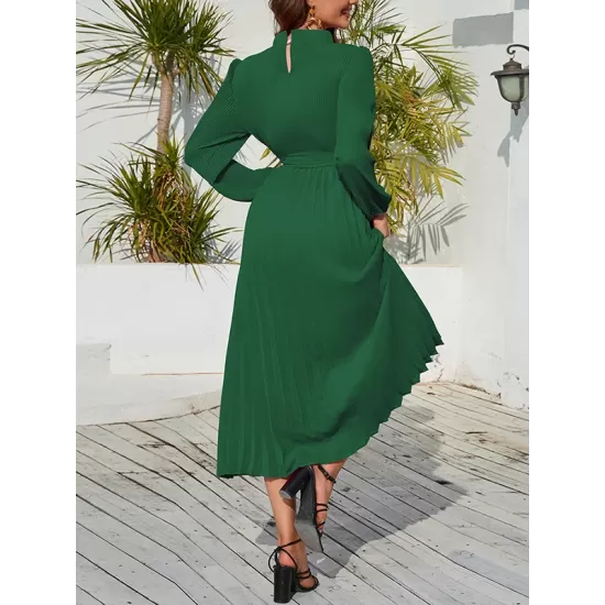 Hollow Pleated Solid Color Tied Waist Bishop Sleeve High Waisted Mock Neck Midi Dresses