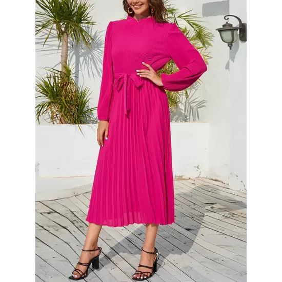 Hollow Pleated Solid Color Tied Waist Bishop Sleeve High Waisted Mock Neck Midi Dresses