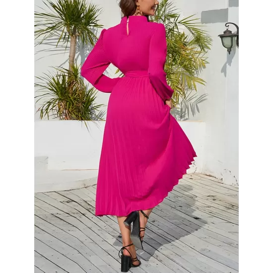 Hollow Pleated Solid Color Tied Waist Bishop Sleeve High Waisted Mock Neck Midi Dresses