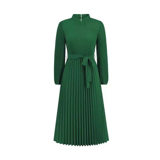 Hollow Pleated Solid Color Tied Waist Bishop Sleeve High Waisted Mock Neck Midi Dresses