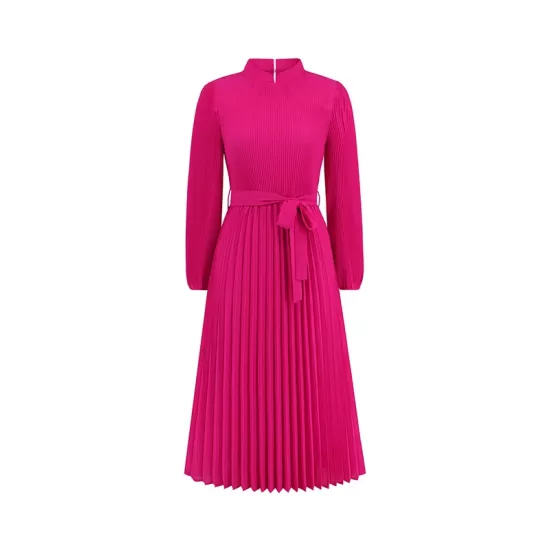 Hollow Pleated Solid Color Tied Waist Bishop Sleeve High Waisted Mock Neck Midi Dresses