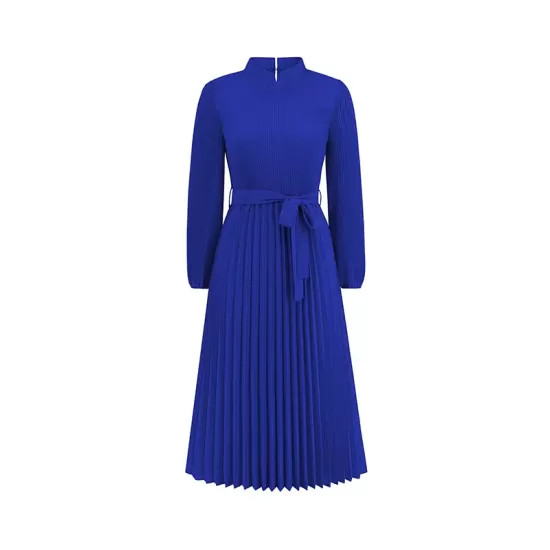 Hollow Pleated Solid Color Tied Waist Bishop Sleeve High Waisted Mock Neck Midi Dresses