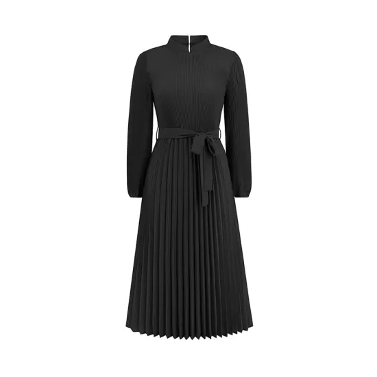 Hollow Pleated Solid Color Tied Waist Bishop Sleeve High Waisted Mock Neck Midi Dresses