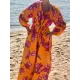 Flower Print Pockets Tied Waist A-Line Long Sleeves V-Neck Maxi Dresses