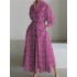 Pleated Printed Tied Waist Long Sleeves Loose Lapel Shirt Dress