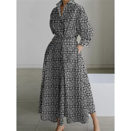 Pleated Printed Tied Waist Long Sleeves Loose Lapel Shirt Dress