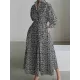 Pleated Printed Tied Waist Long Sleeves Loose Lapel Shirt Dress