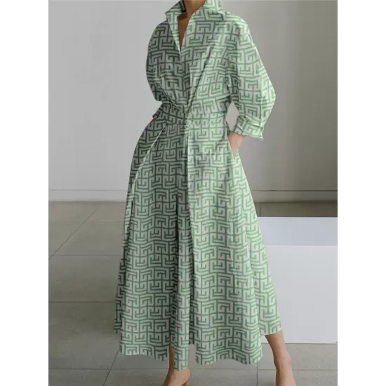 Pleated Printed Tied Waist Long Sleeves Loose Lapel Shirt Dress