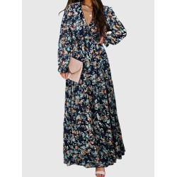 Flower Print Pleated Ruffled High Waisted Long Sleeves V-Neck Maxi Dresses