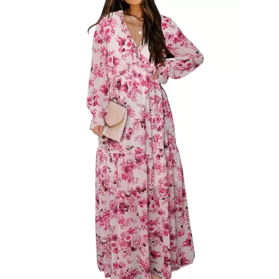 Flower Print Pleated Ruffled High Waisted Long Sleeves V-Neck Maxi Dresses