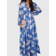 Flower Print Pleated Ruffled High Waisted Long Sleeves V-neck Maxi Dresses