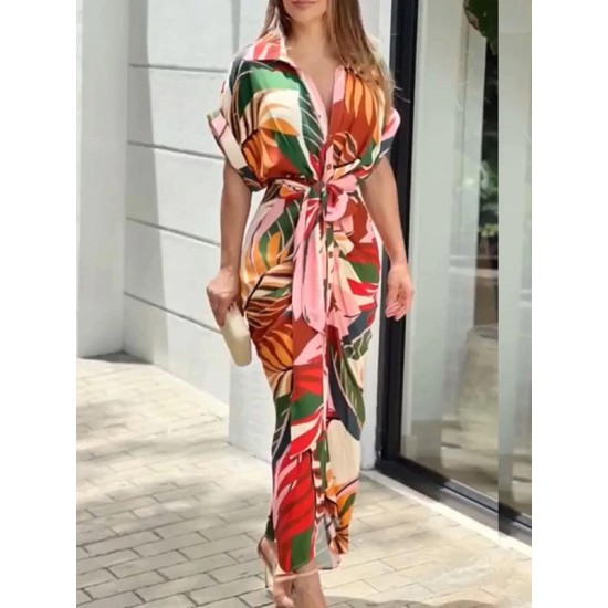 Buttoned Printed Tied Waist High Waisted Short Sleeves Lapel Shirt Dress Maxi Dresses