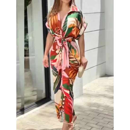 Buttoned Printed Tied Waist High Waisted Short Sleeves Lapel Shirt Dress Maxi Dresses