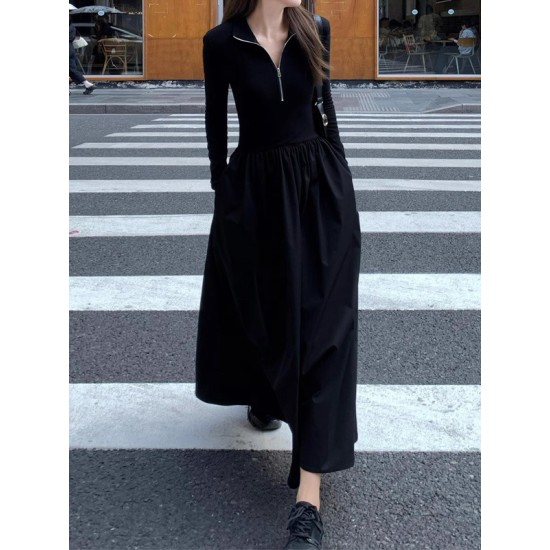 Pleated Solid Color Split-Joint Zipper High Waisted Long Sleeves V-Neck Midi Dresses