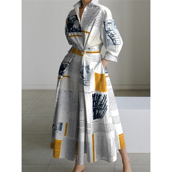 Long Sleeves Loose Newspaper Print Pleated Tied Waist Lapel Midi Dresses Shirt Dress