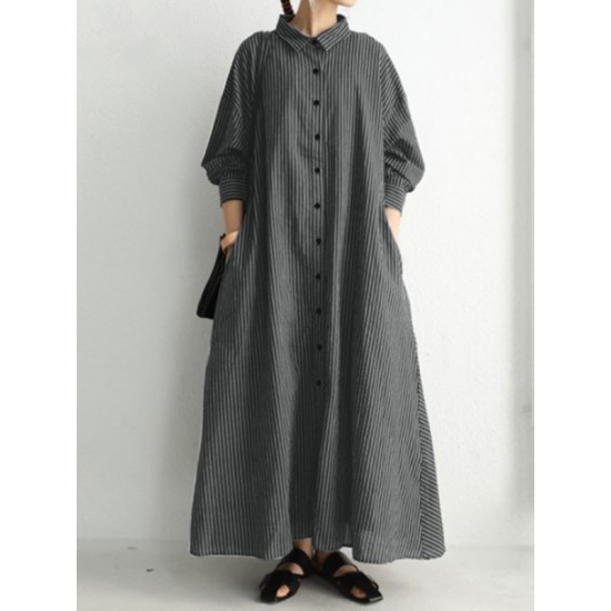 Buttoned Striped A-Line Long Sleeves Lapel Shirt Dress Maxi Dresses