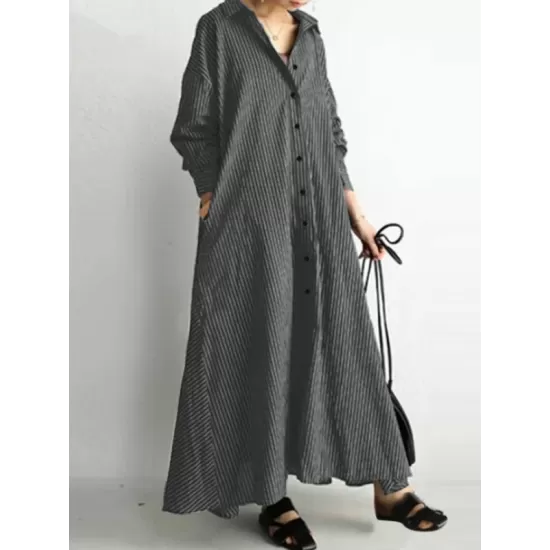 Buttoned Striped A-Line Long Sleeves Lapel Shirt Dress Maxi Dresses