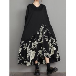 Asymmetric Flower Print Split-Joint A-Line High-Low V-Neck Midi Dresses