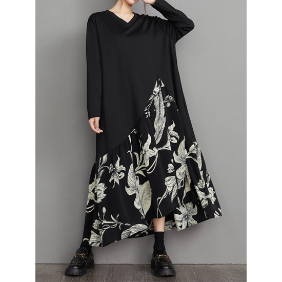 Asymmetric Flower Print Split-Joint A-Line High-Low V-Neck Midi Dresses