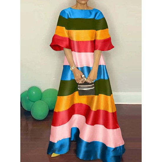 Flared Sleeves Half Sleeves Backless Contrast Color Multi-Colored Striped Round-neck Maxi Dresses