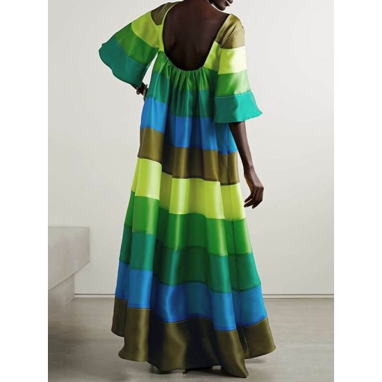 Flared Sleeves Half Sleeves Backless Contrast Color Multi-Colored Striped Round-neck Maxi Dresses