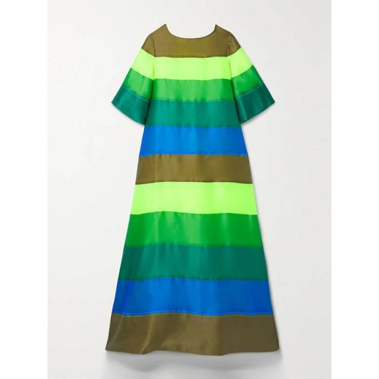 Flared Sleeves Half Sleeves Backless Contrast Color Multi-Colored Striped Round-neck Maxi Dresses