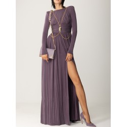 Long Sleeves Backless No Body Chain Pleated Solid Color Tied Waist Maxi Dresses