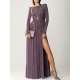 Long Sleeves Backless No Body Chain Pleated Solid Color Tied Waist Maxi Dresses