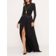 Long Sleeves Backless No Body Chain Pleated Solid Color Tied Waist Maxi Dresses