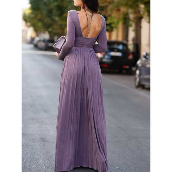 Long Sleeves Backless No Body Chain Pleated Solid Color Tied Waist Maxi Dresses