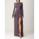 Long Sleeves Backless No Body Chain Pleated Solid Color Tied Waist Maxi Dresses