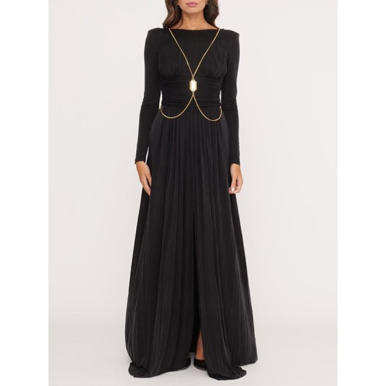 Long Sleeves Backless No Body Chain Pleated Solid Color Tied Waist Maxi Dresses