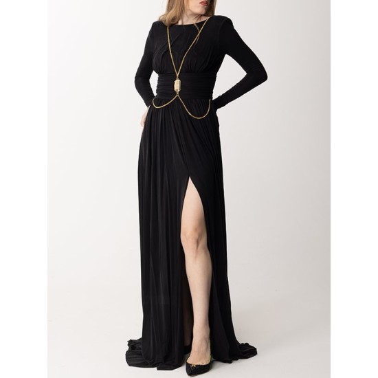 Long Sleeves Backless No Body Chain Pleated Solid Color Tied Waist Maxi Dresses