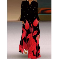 Contrast Color Printed Split-Joint Long Sleeves Loose V-Neck Maxi Dresses