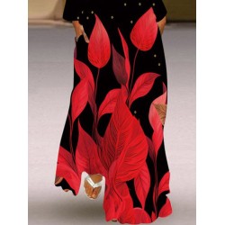 Contrast Color Printed Split-Joint Long Sleeves Loose V-Neck Maxi Dresses