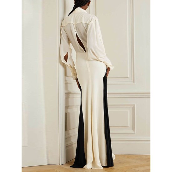 Contrast Color Long Sleeves Loose V-neck Maxi Dresses Evening Dresses